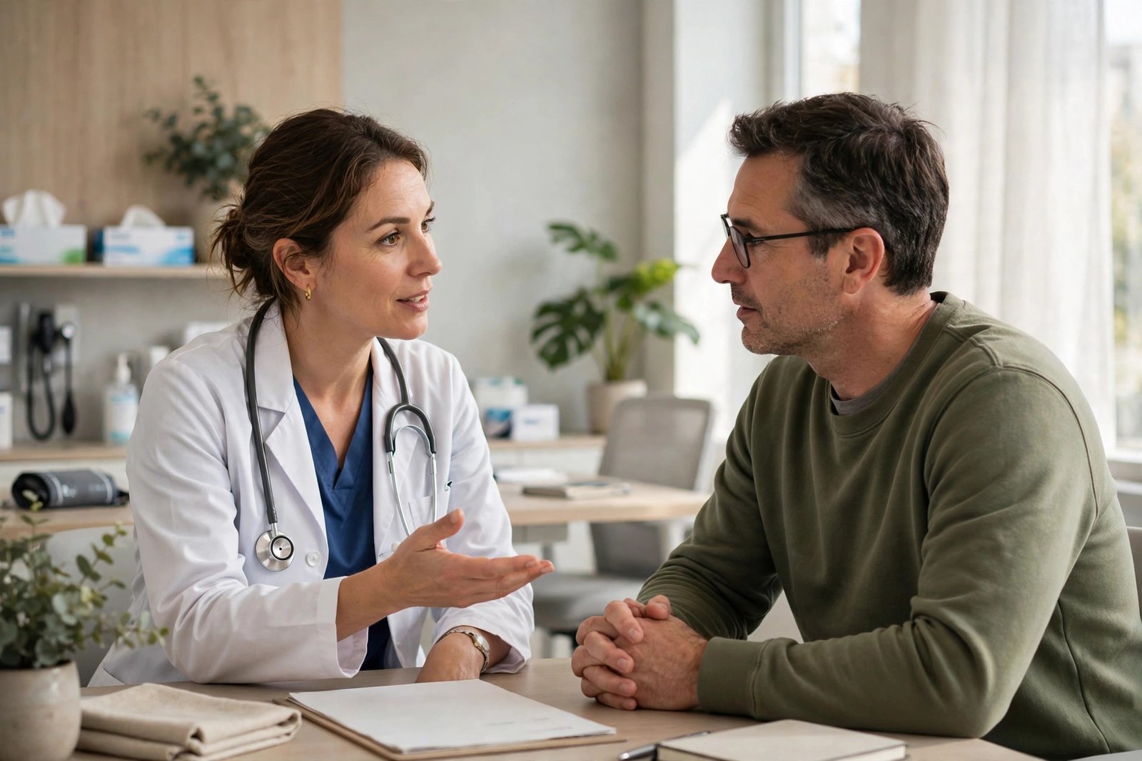 Doctor discussing test results with a patient in a bright clinic office