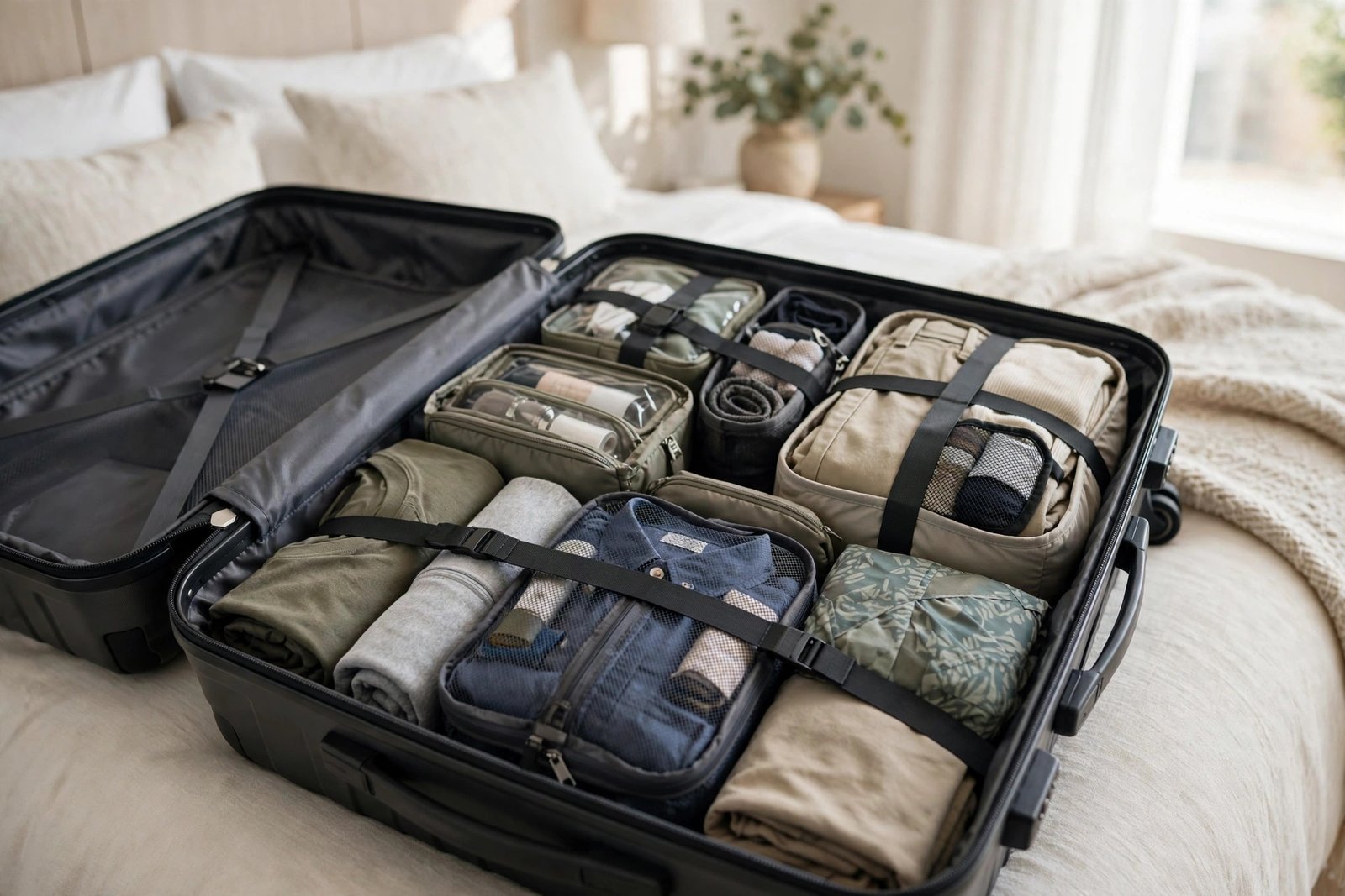 Open hard-shell carry-on suitcase with neatly packed clothes, compression straps and packing organizers inside