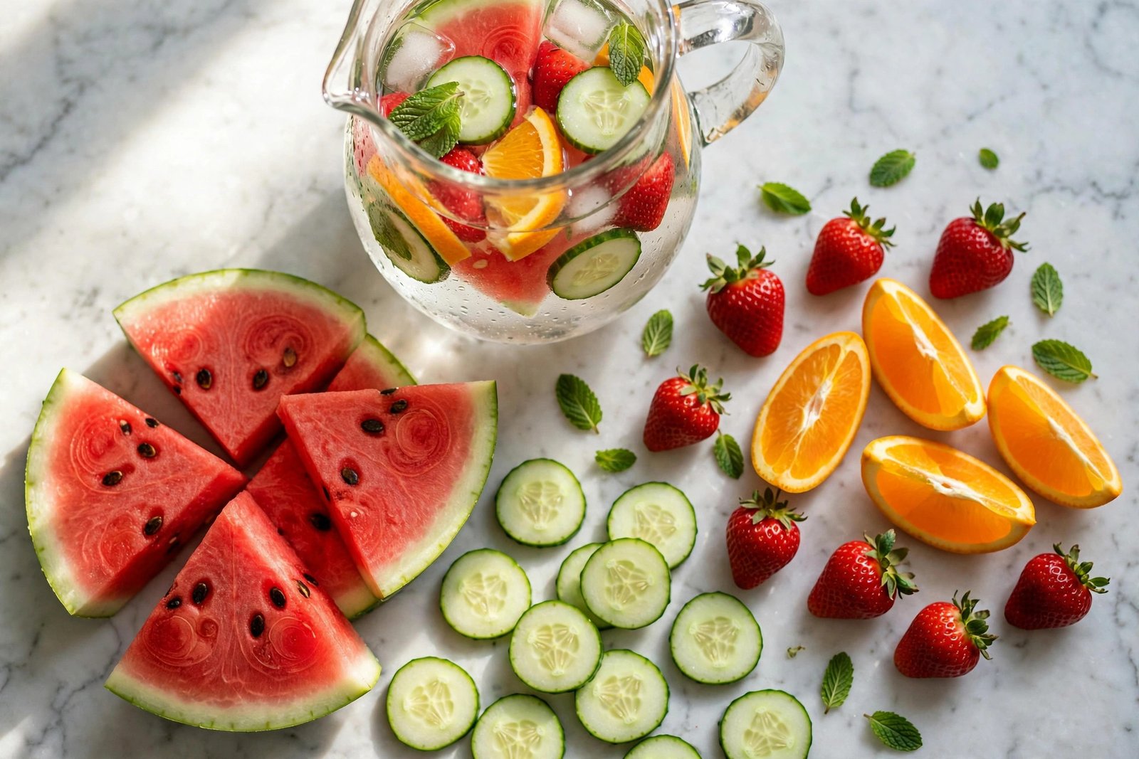 Overhead view of sliced watermelon, cucumber, orange wedges and strawberries arranged on a marble table with a pitcher of infused water