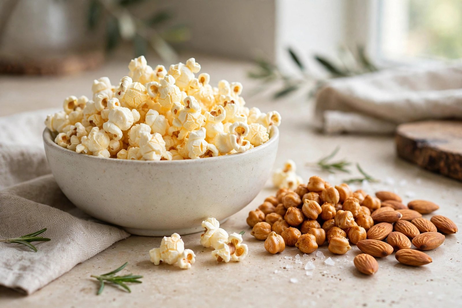 Air-popped popcorn in a ceramic bowl beside roasted chickpeas and almonds on a kitchen counter