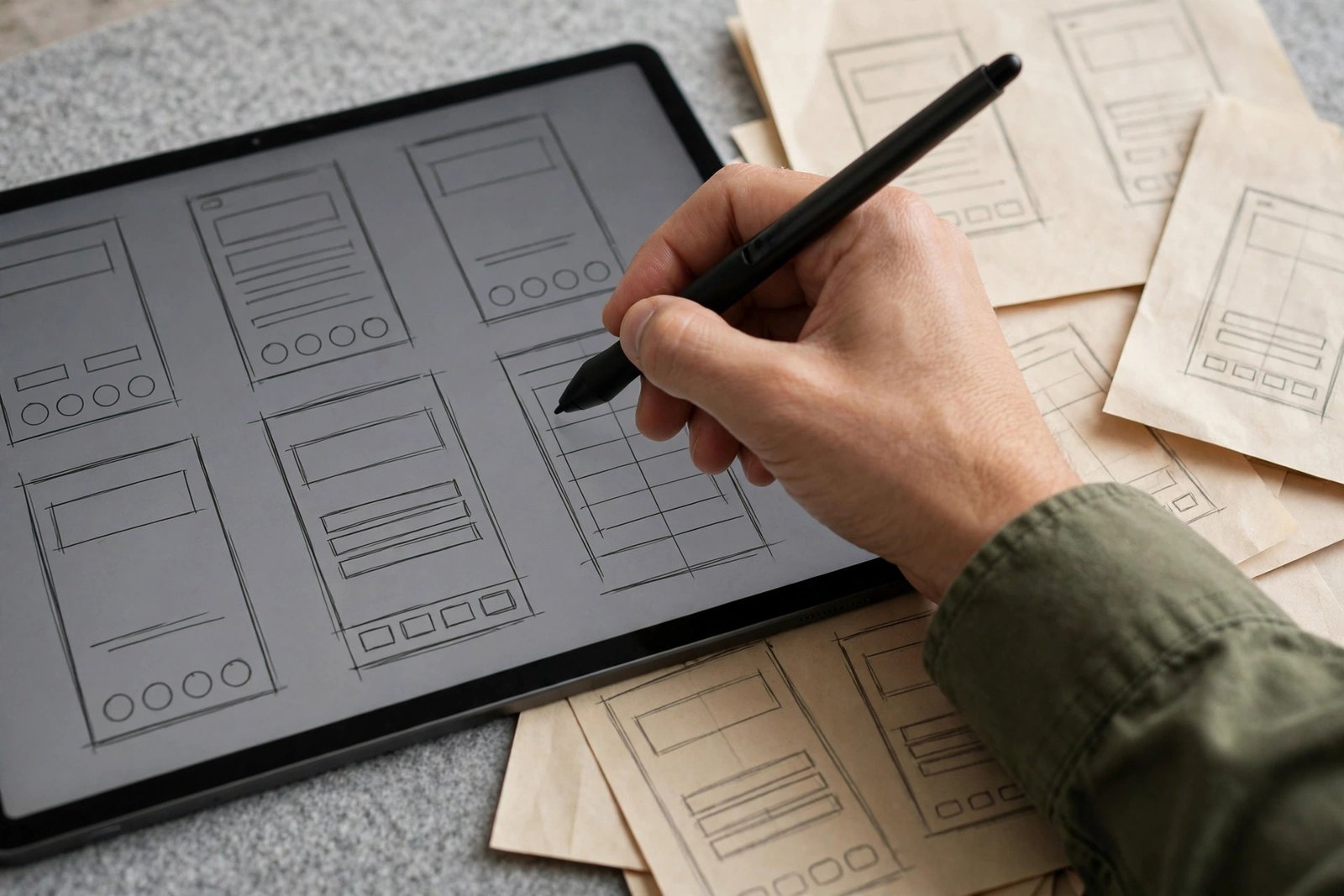 Close-up of a UI UX designer sketching mobile app screens with a stylus on a tablet