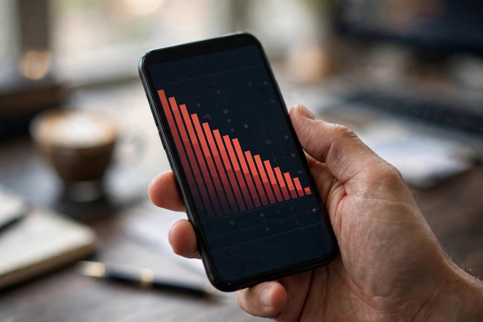 Close-up of a trader's hand holding a smartphone showing a stock portfolio of red declining technology shares