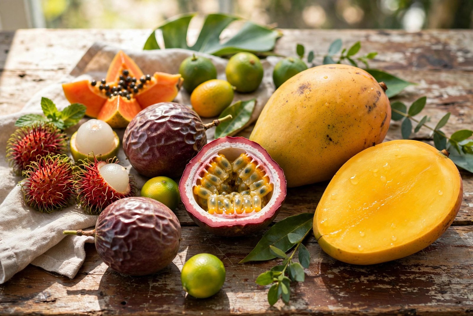 Fresh tropical fruits including mango and passion fruit arranged on a table