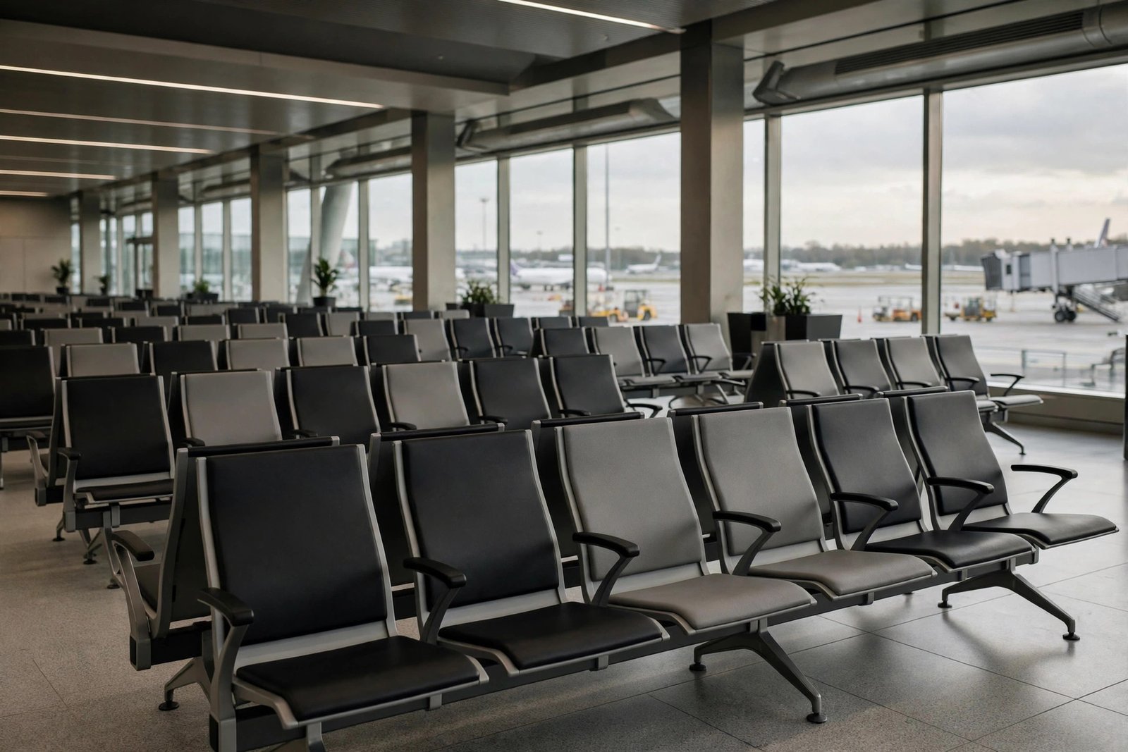 Rows of empty seats in a quiet airport departure terminal