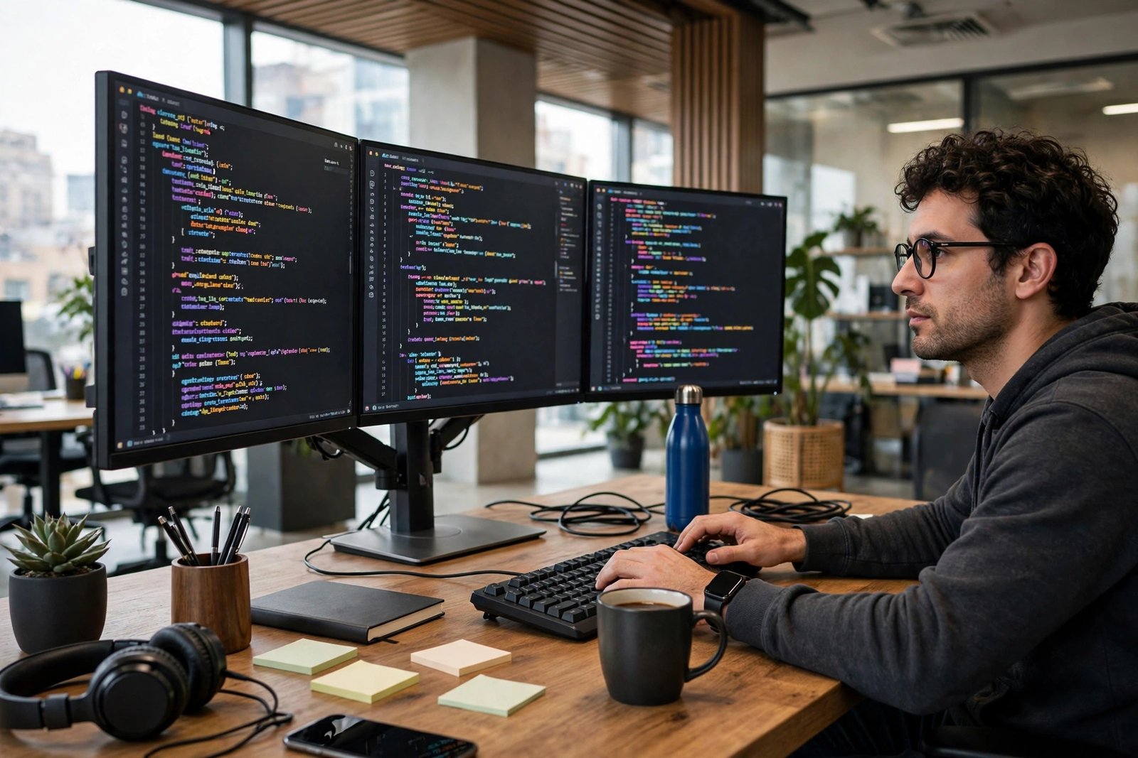 Software developer working at a desk with multiple monitors showing code