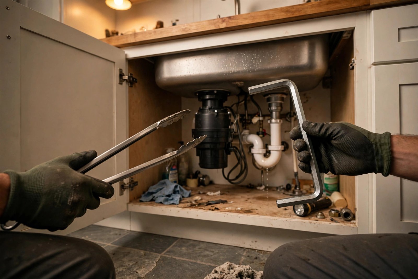 Person's hands wearing work gloves holding a hex wrench and tongs on a kitchen counter next to an open under-sink cabinet