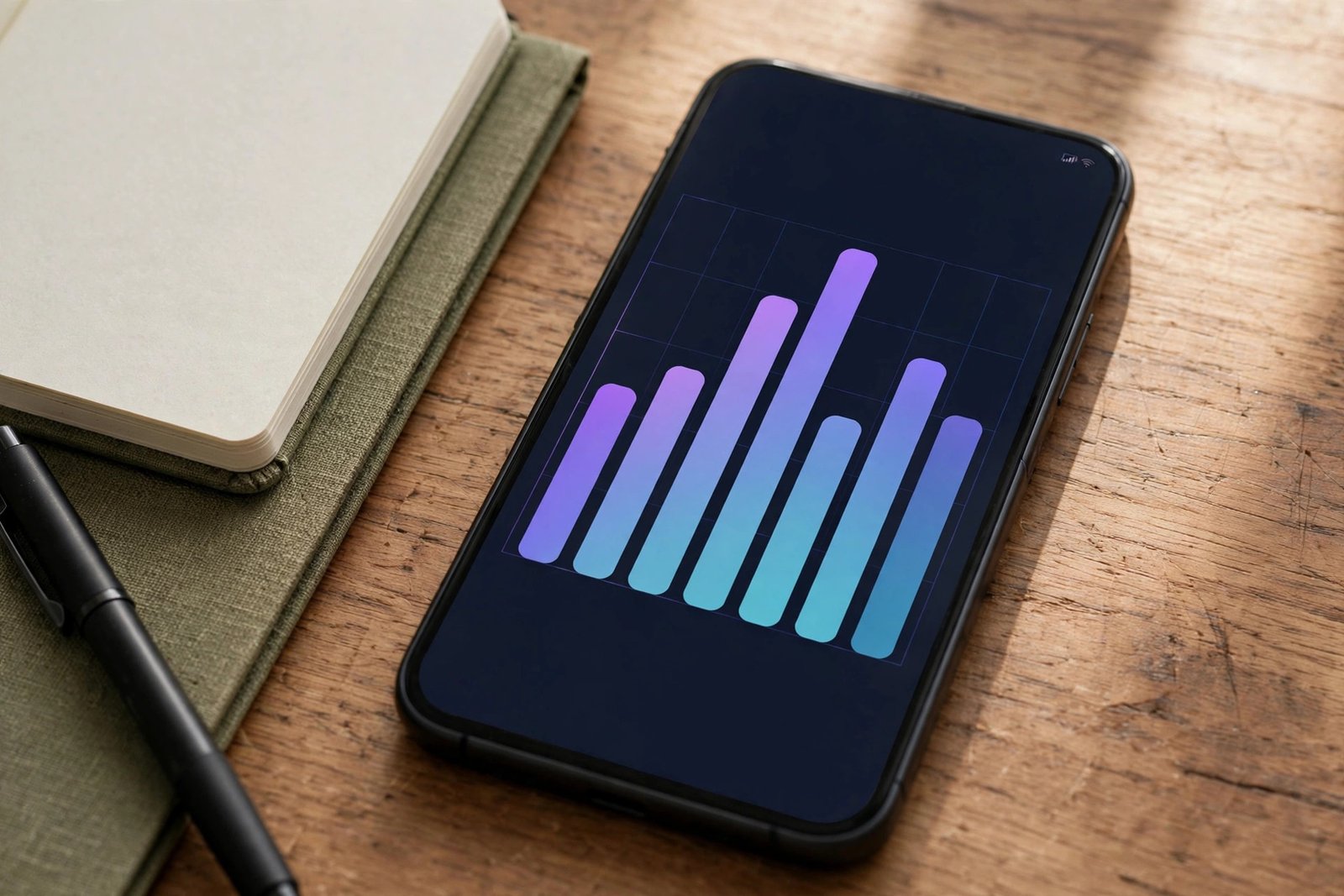 Close-up of a smartphone screen showing a screen-time usage report with app bars, photorealistic editorial style