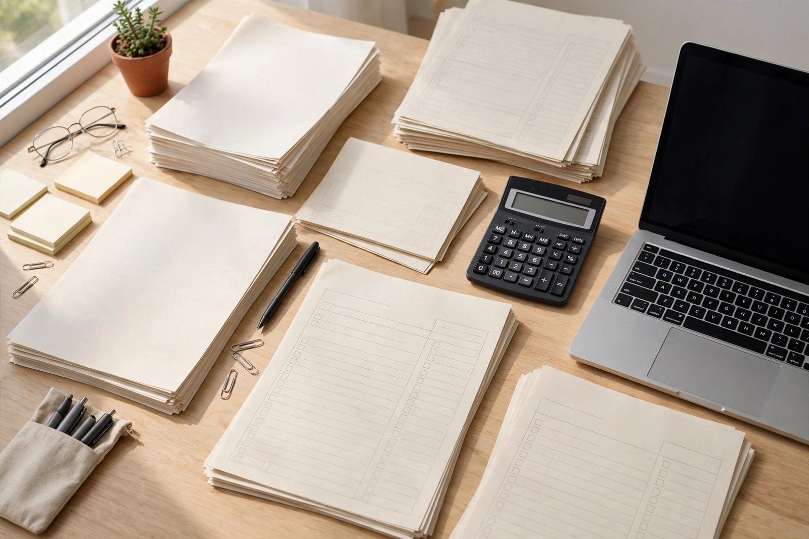 Calculator, IRS tax forms, and business paperwork arranged on a desk for tax season planning