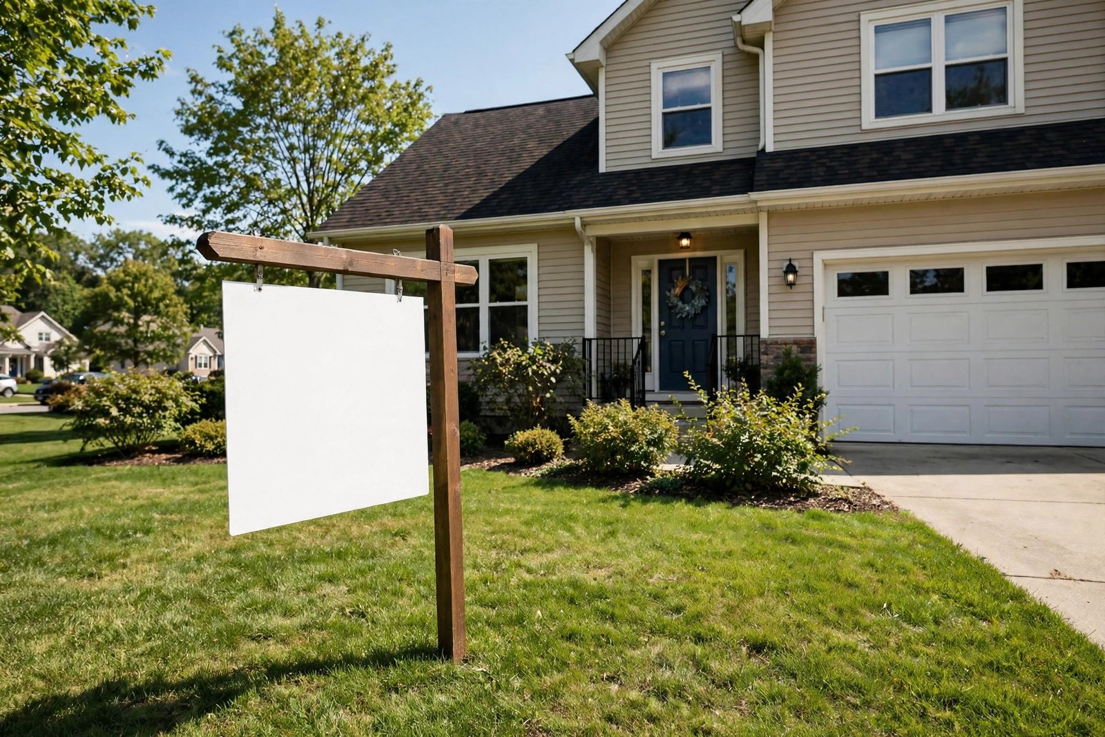 For sale sign in front of a suburban American house