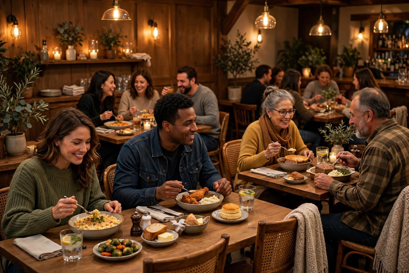 Cozy restaurant dining room with guests enjoying comfort food dishes