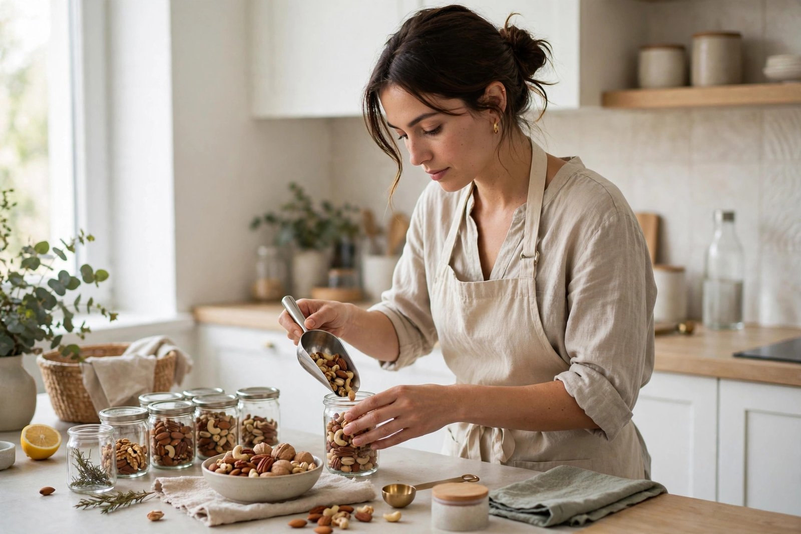 Person preparing healthy snacks in a bright kitchen, portioning nuts into small containers for the week