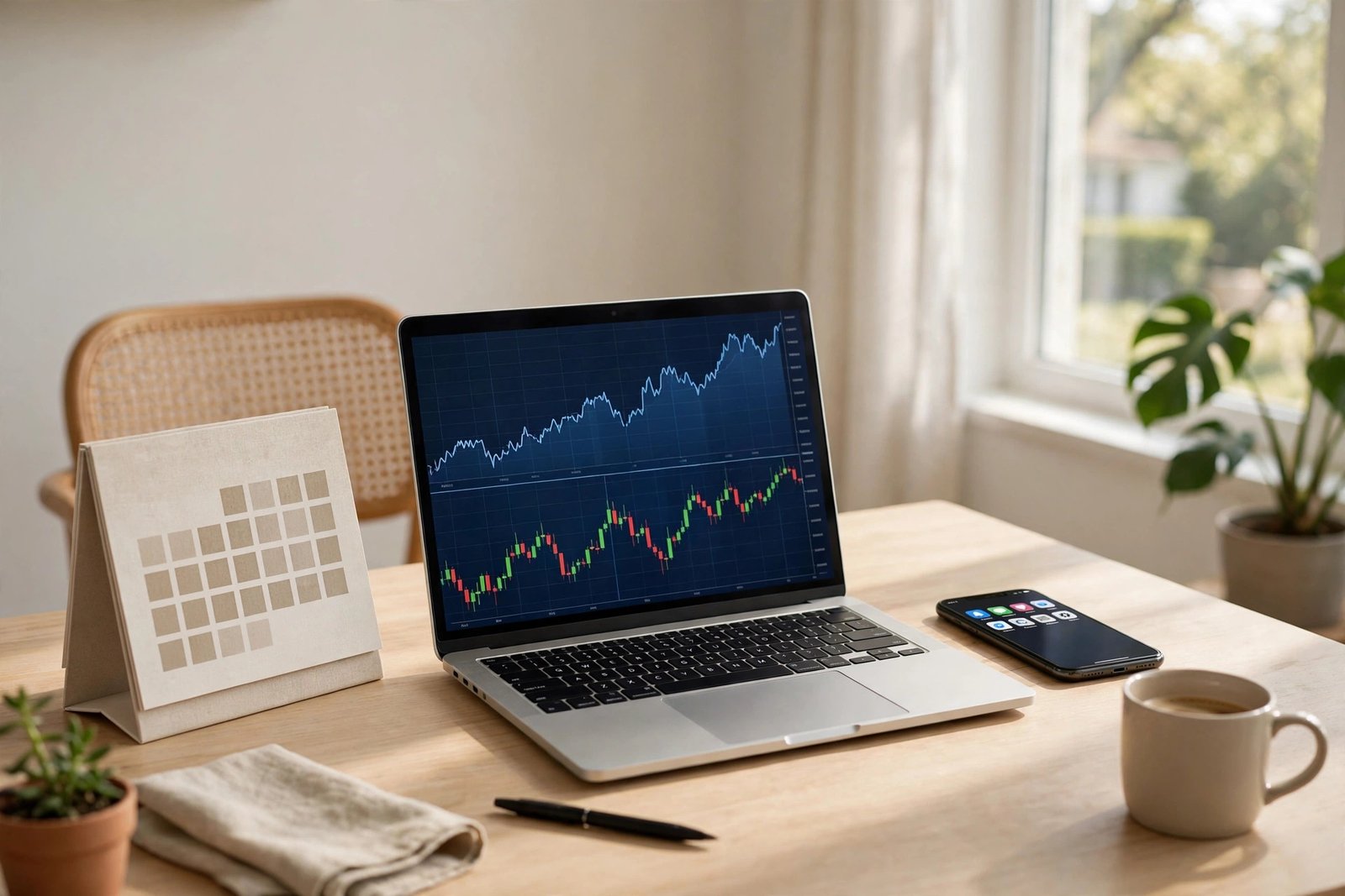 Calendar desk with a smartphone showing earnings notifications and a laptop displaying stock charts in a bright home office