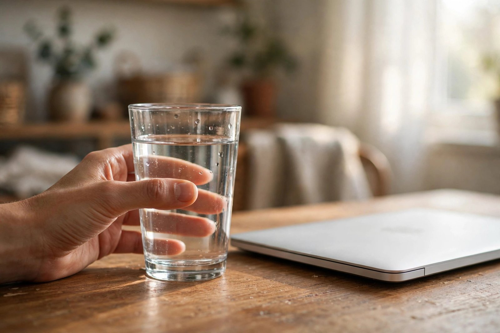 A hand holding a full glass of clear water on a wooden office desk next to a laptop in morning light