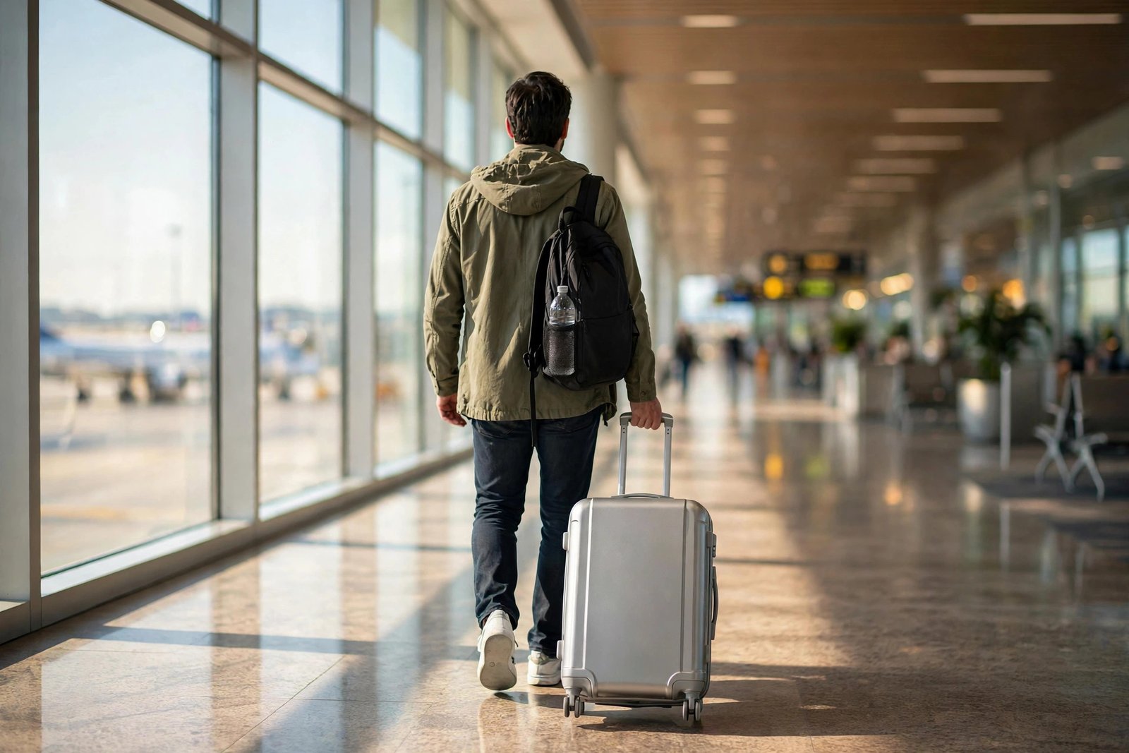 Traveler pulling a silver carry-on suitcase through a sunlit airport corridor with departure boards in the background