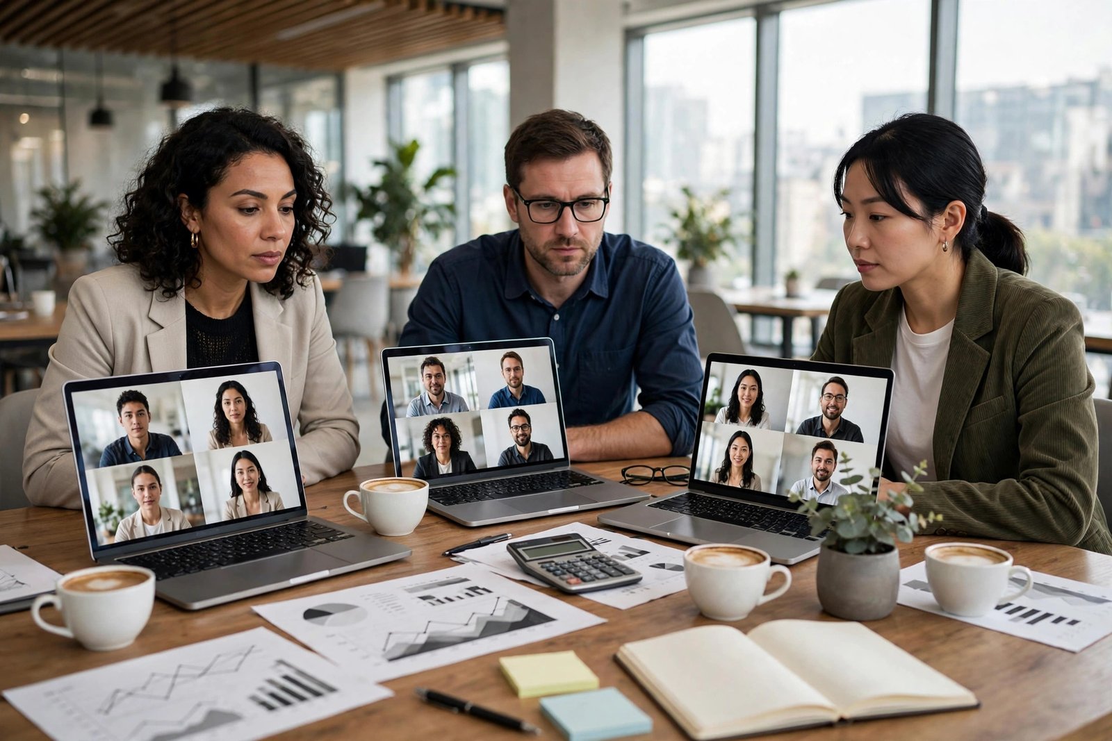 A small team in a video meeting discussing a project budget around a conference table with documents and a calculator