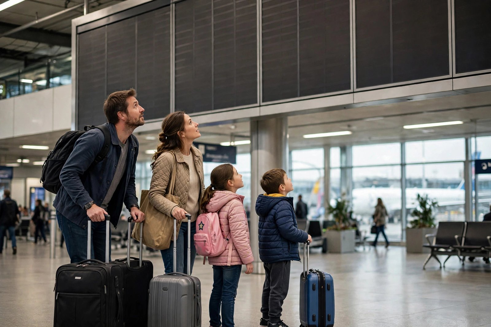 Family with suitcases checking a departures board at an airport