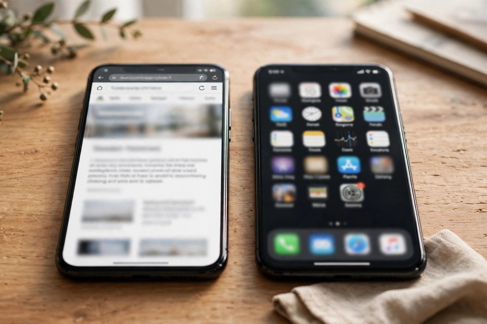 Two smartphones side by side comparing browser and app layouts