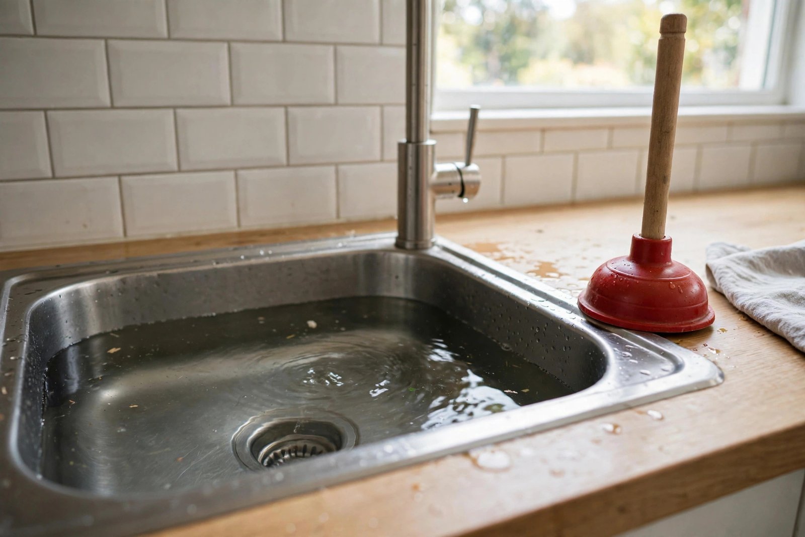 Kitchen sink with standing water draining slowly, showing a plunger beside it, photorealistic editorial style