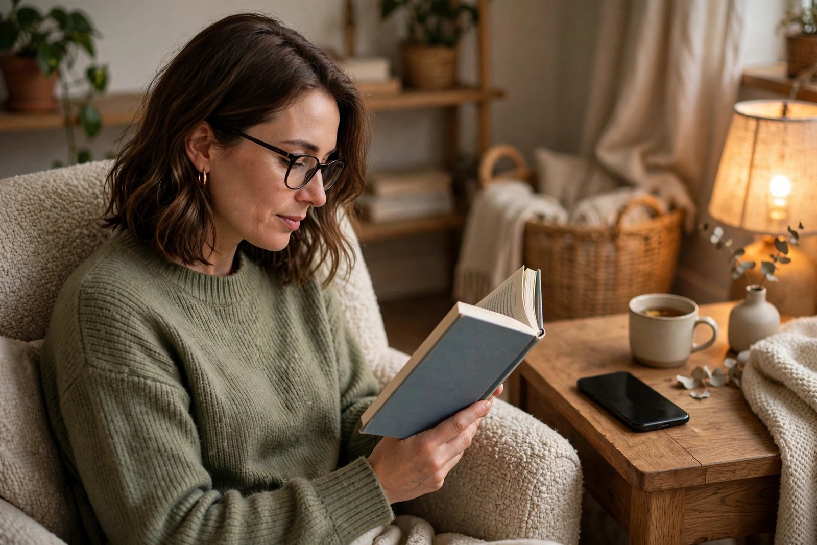 Person reading a physical book in a cozy chair with a smartphone face-down on a side table, photorealistic editorial style