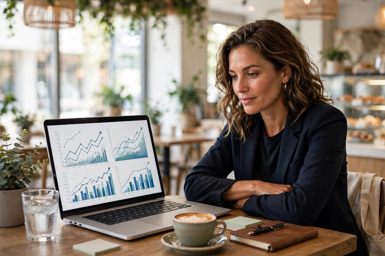 Confident entrepreneur deciding between business structures while reviewing growth charts on a laptop