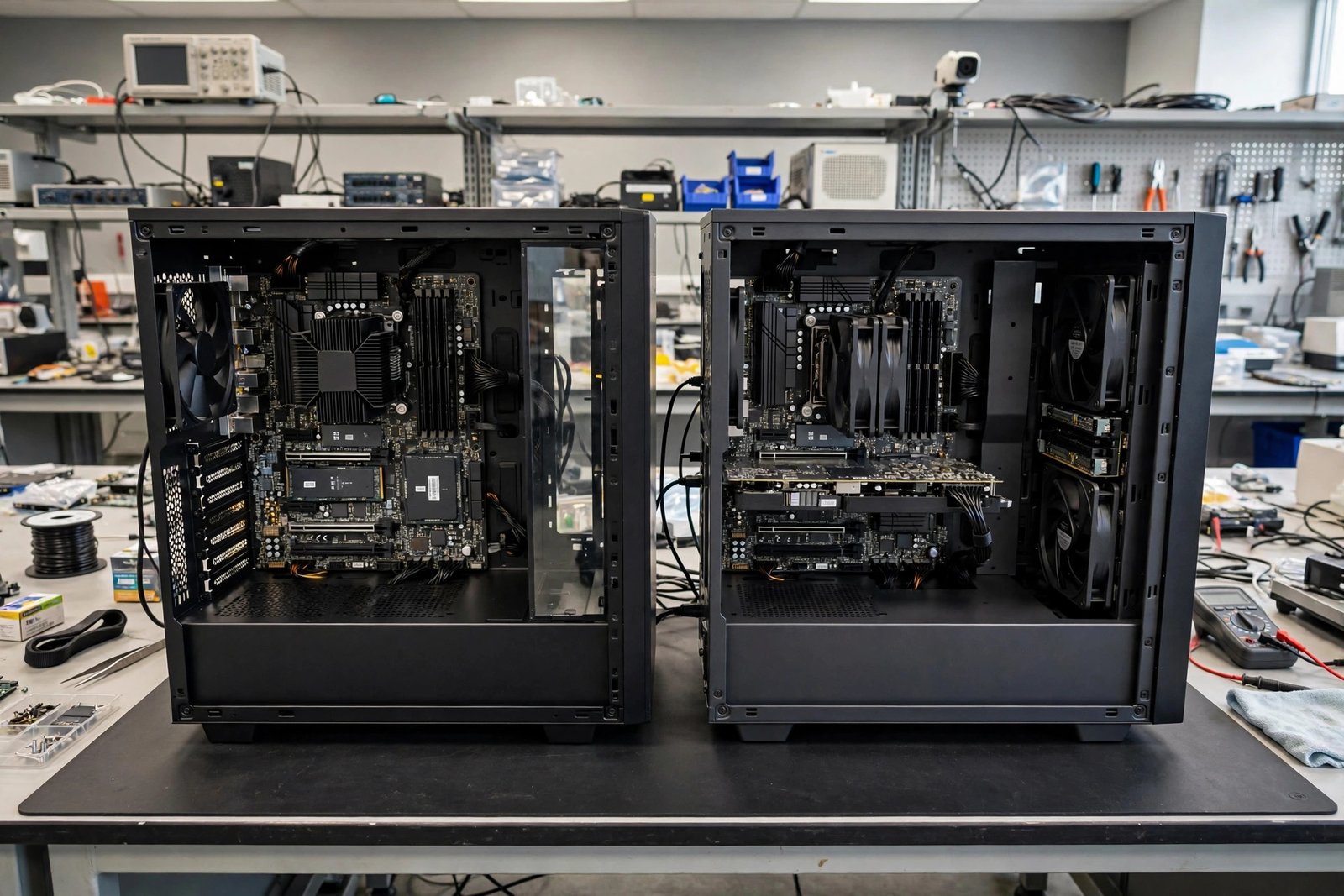 Two high-memory desktop workstations side by side in a technology lab
