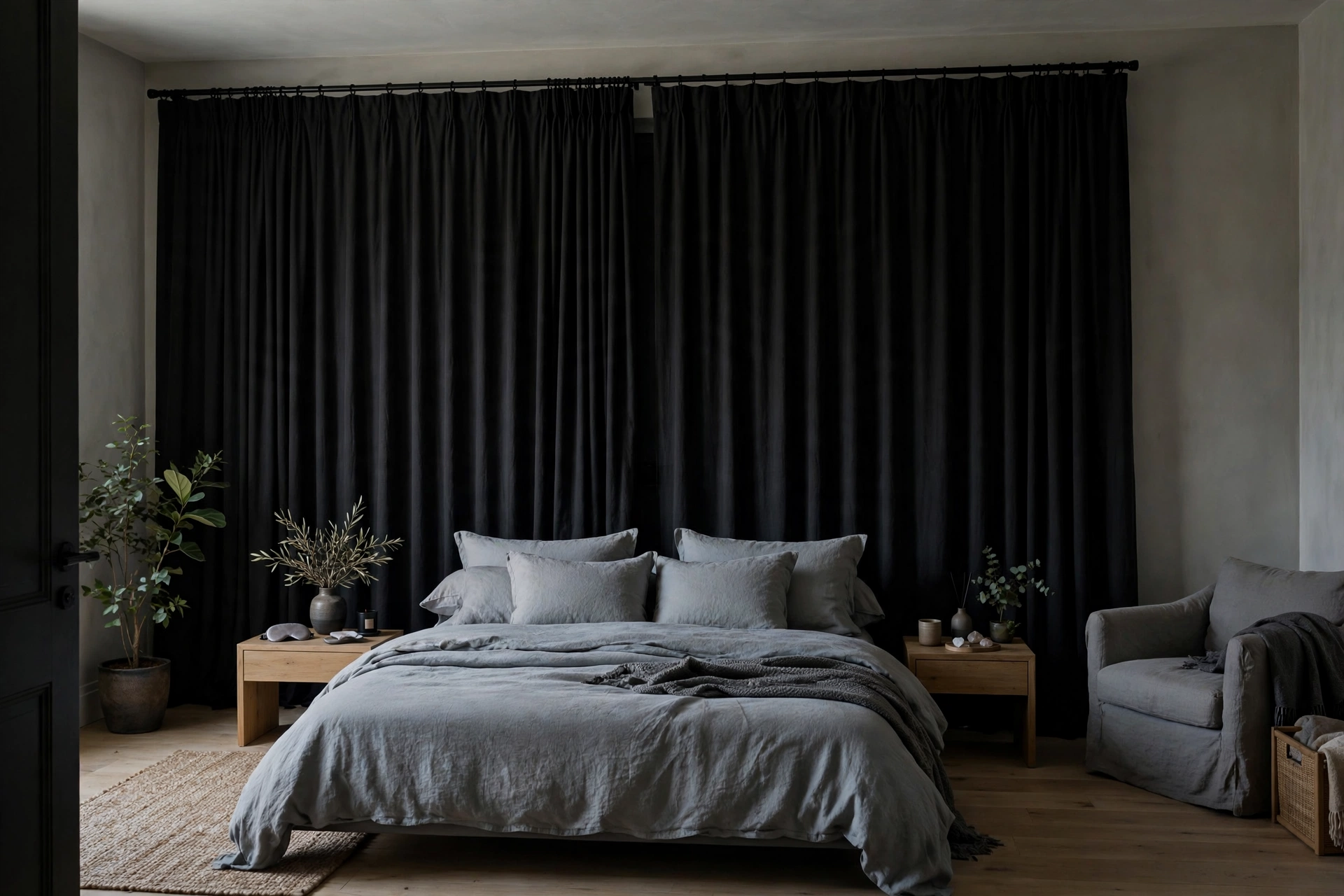 Dark bedroom with blackout curtains fully drawn — a calm sleep sanctuary for the best morning routine for night shift workers