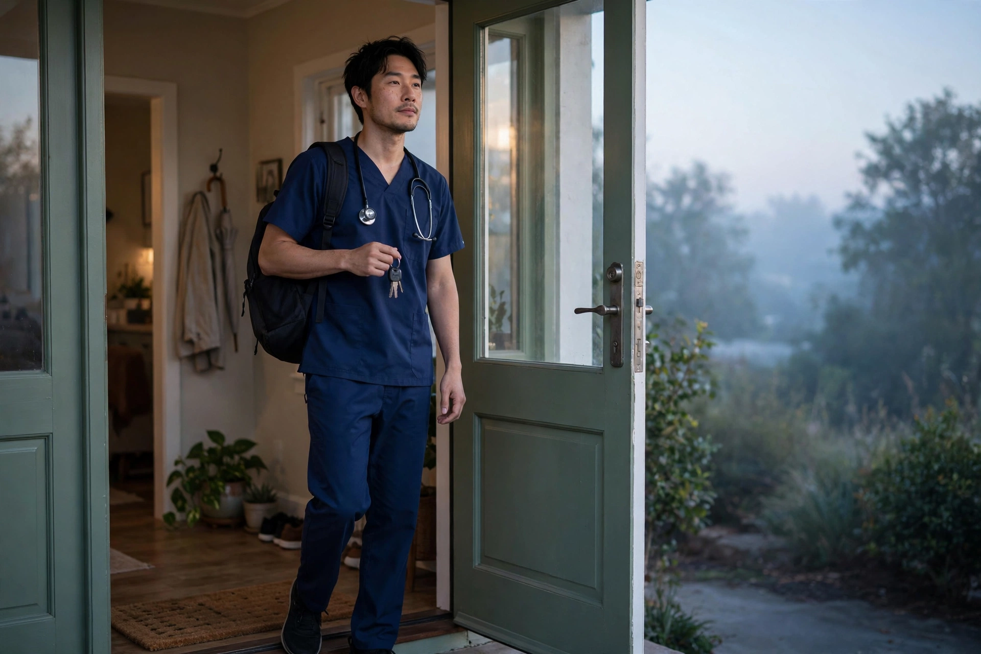 Healthcare worker in scrubs arriving home at dawn after a night shift