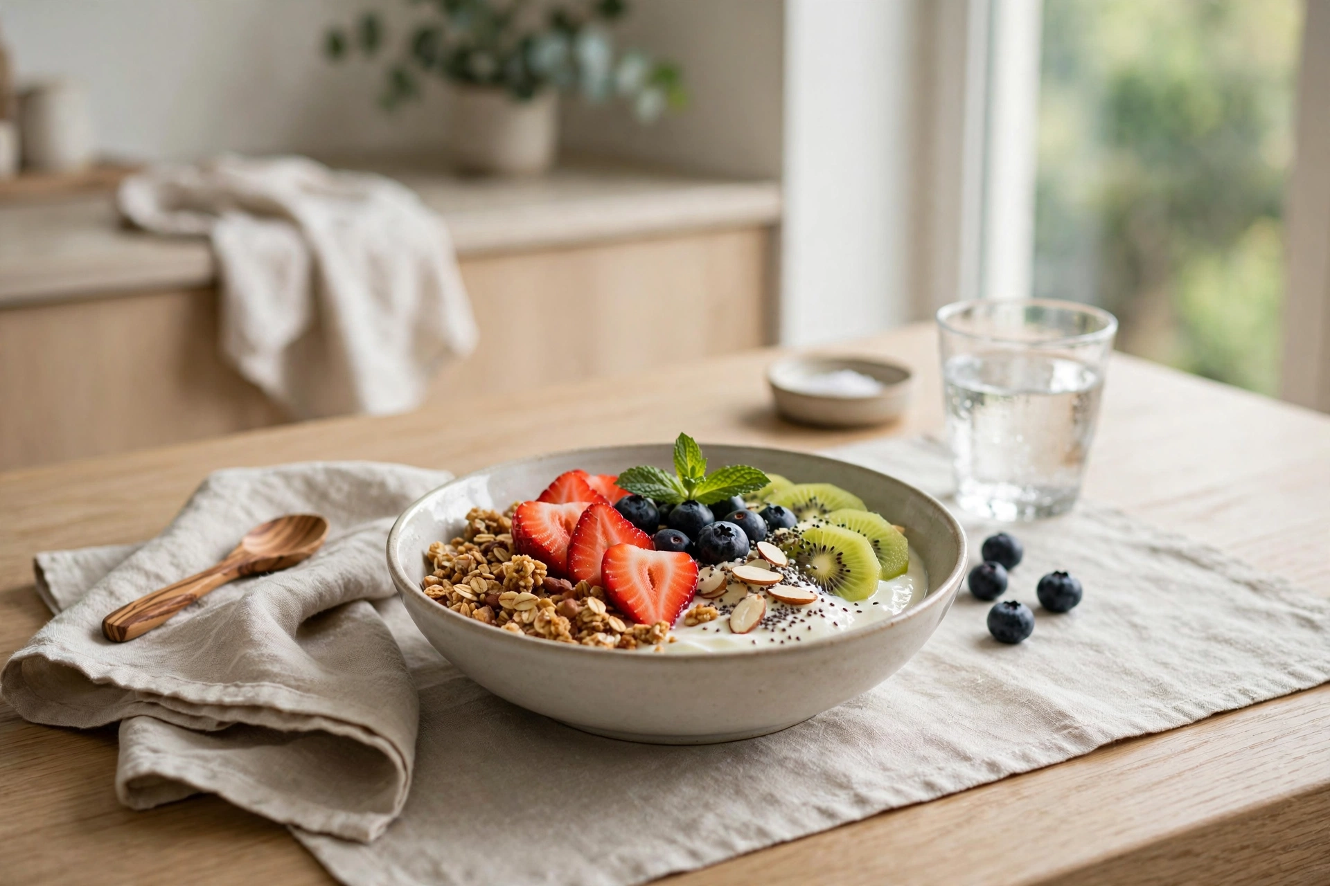Healthy breakfast bowl with oats, banana slices and berries — a light recovery meal for night shift workers