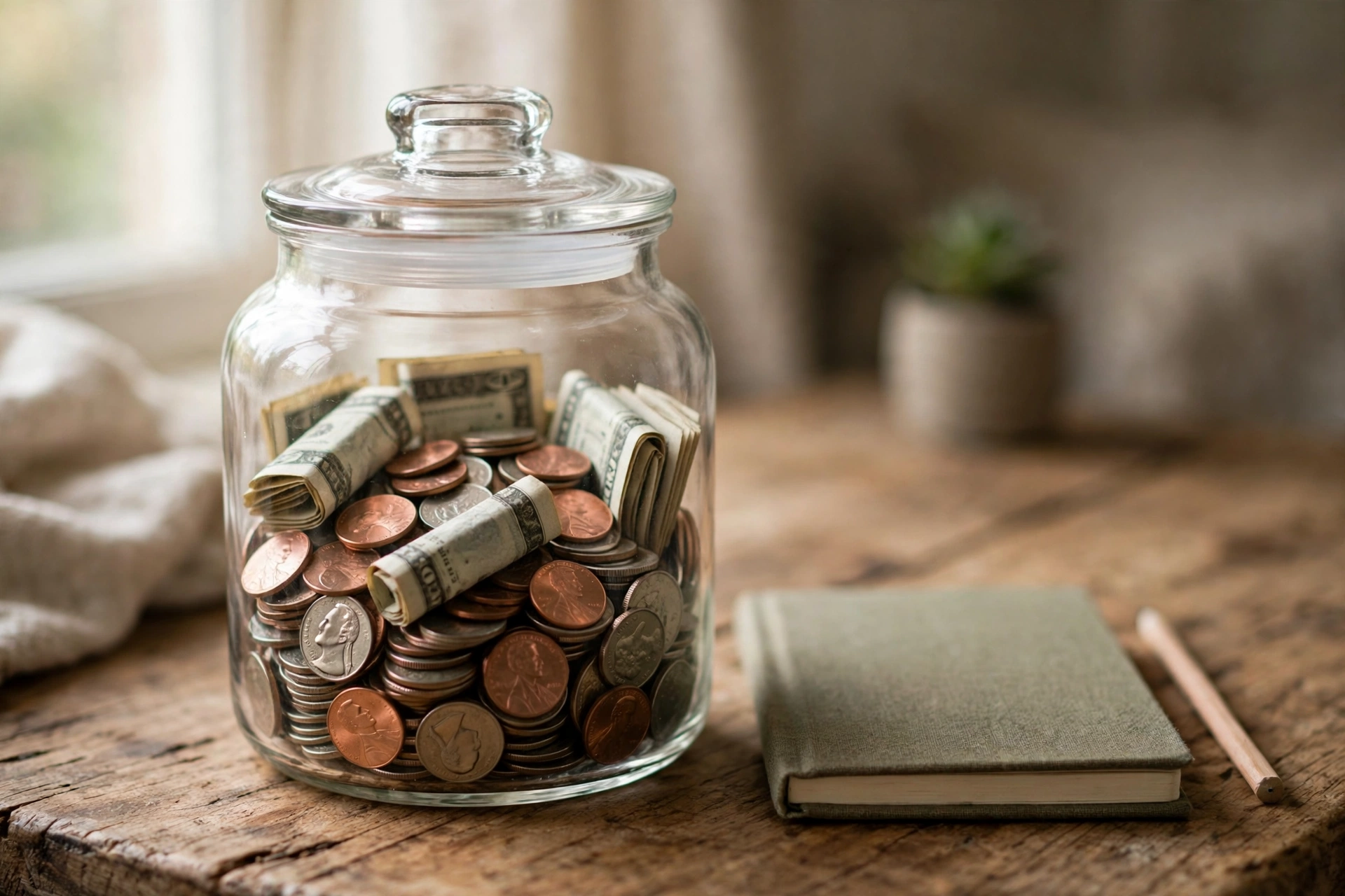 Glass savings jar filling with coins and cash