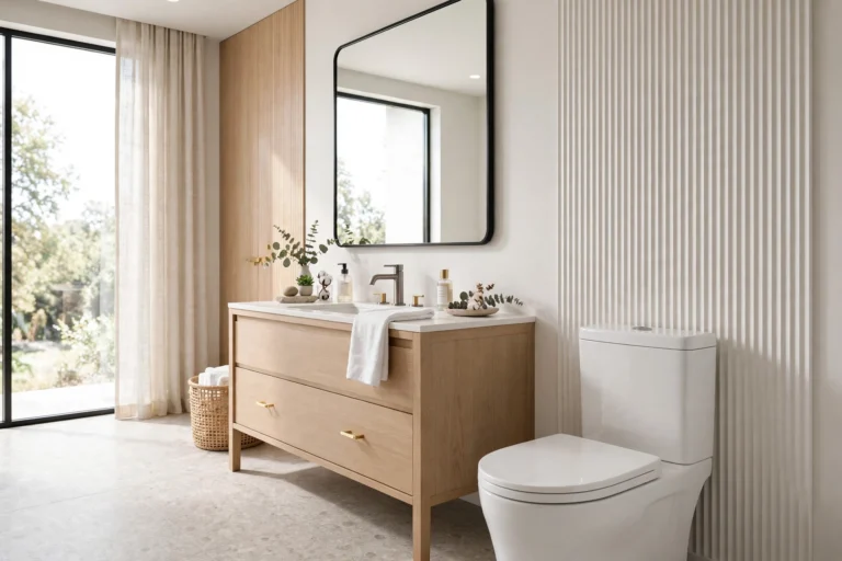 How to fix a running toilet: modern bathroom with a white toilet beside a vanity, bright and clean