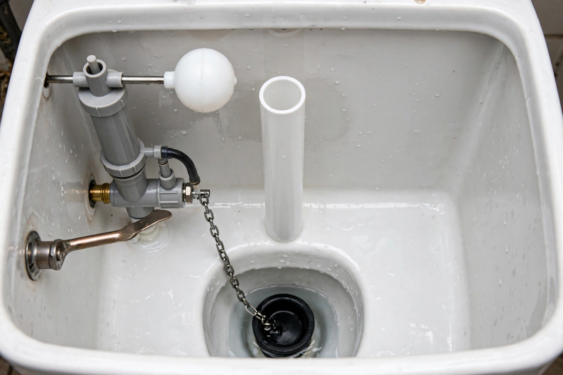 Open toilet tank showing the rubber flapper, fill valve, float, and overflow tube components