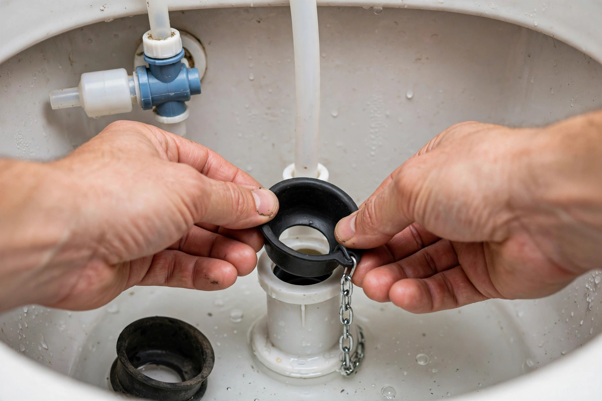 Hands replacing a rubber toilet flapper inside an open toilet tank, DIY plumbing repair close-up