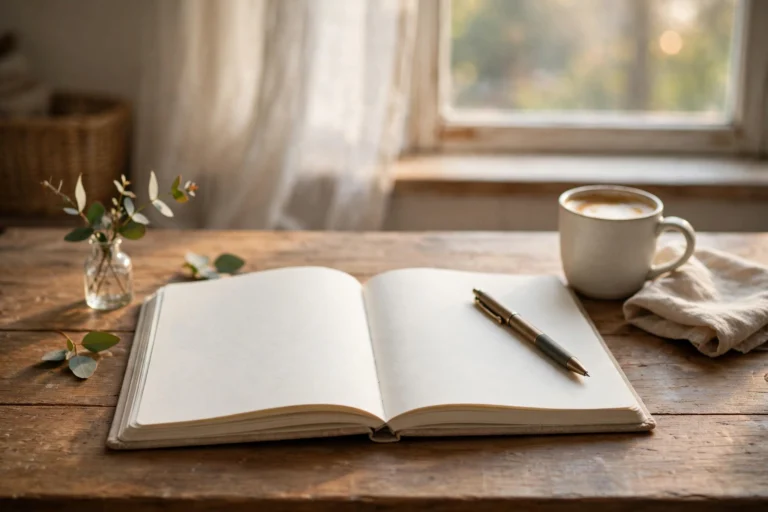 Open journal with pen on a cozy desk, morning coffee beside it
