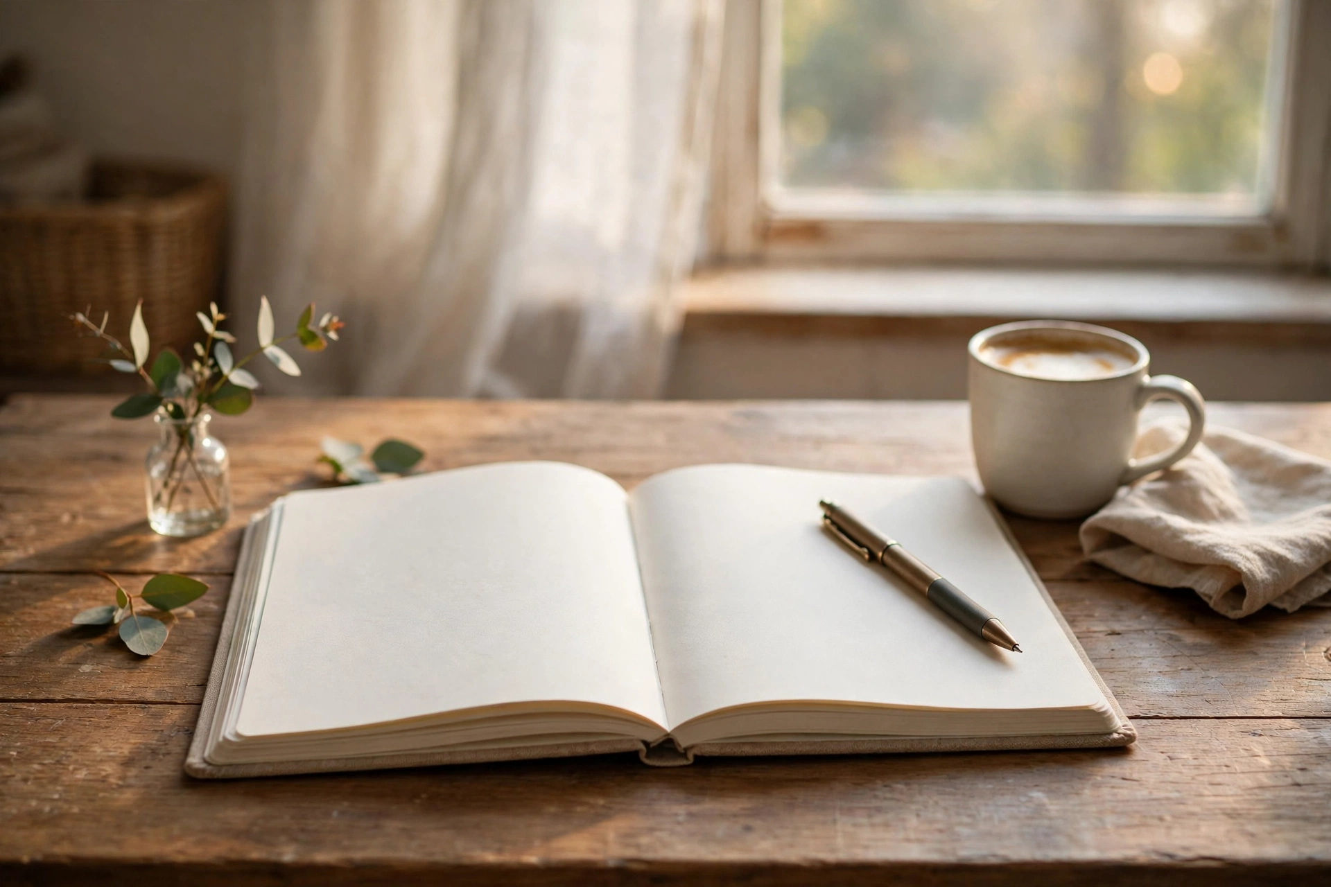 Open journal with pen on a cozy desk, morning coffee beside it