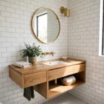 Bright modern small bathroom with floating vanity and subway tile