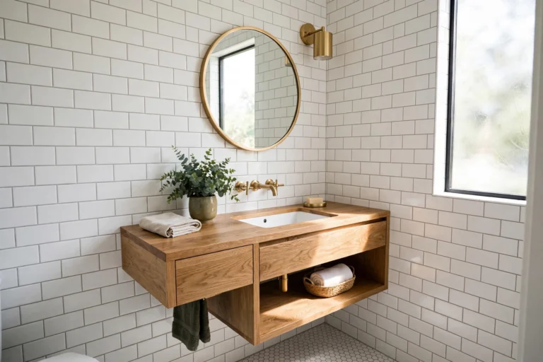 Bright modern small bathroom with floating vanity and subway tile