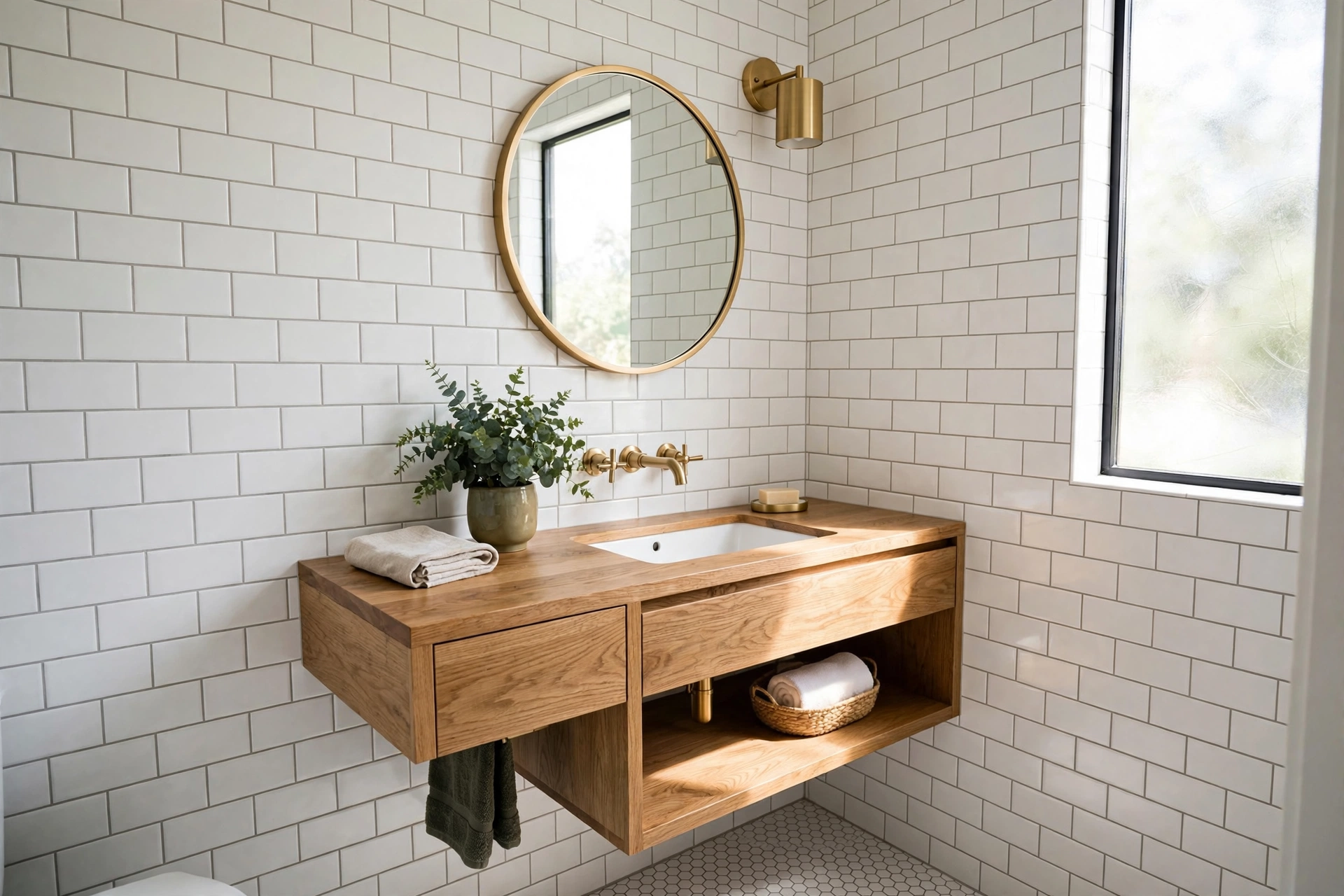Bright modern small bathroom with floating vanity and subway tile