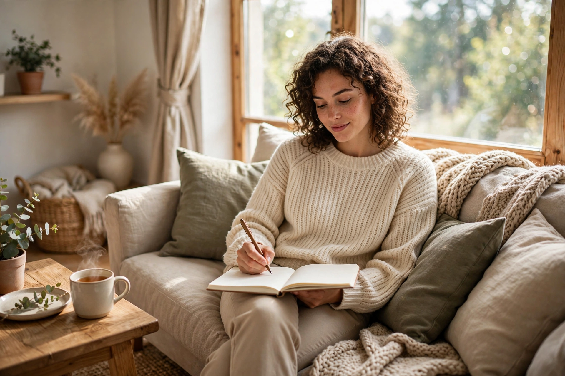 Person journaling on a couch by a window, relaxed