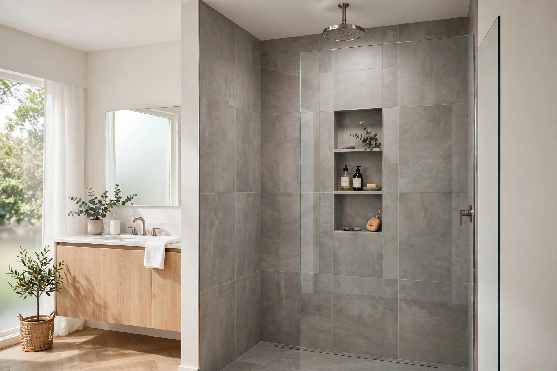 Walk-in shower with large-format porcelain tile and glass panel