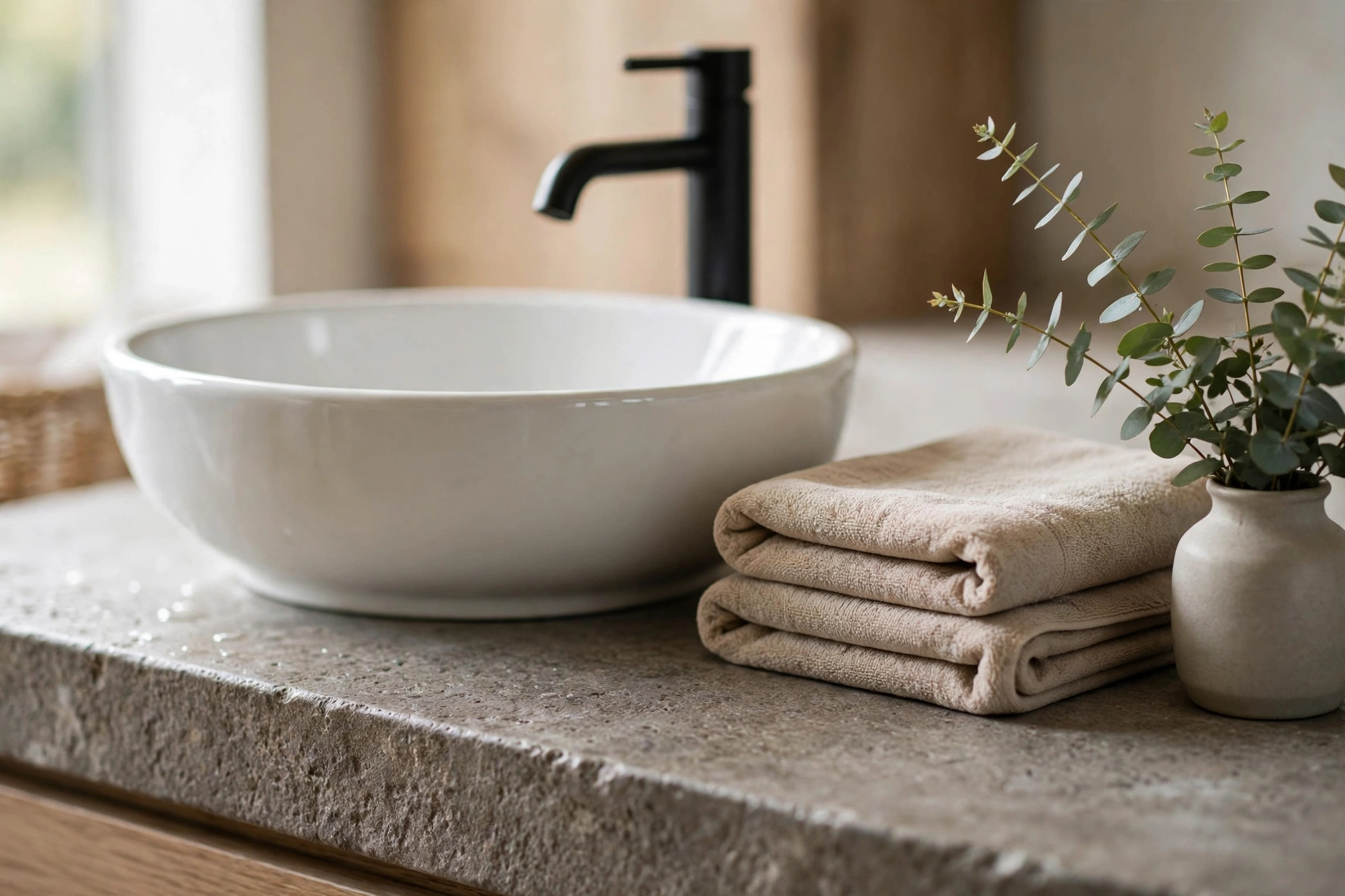 Modern bathroom vanity with vessel sink and stone countertop