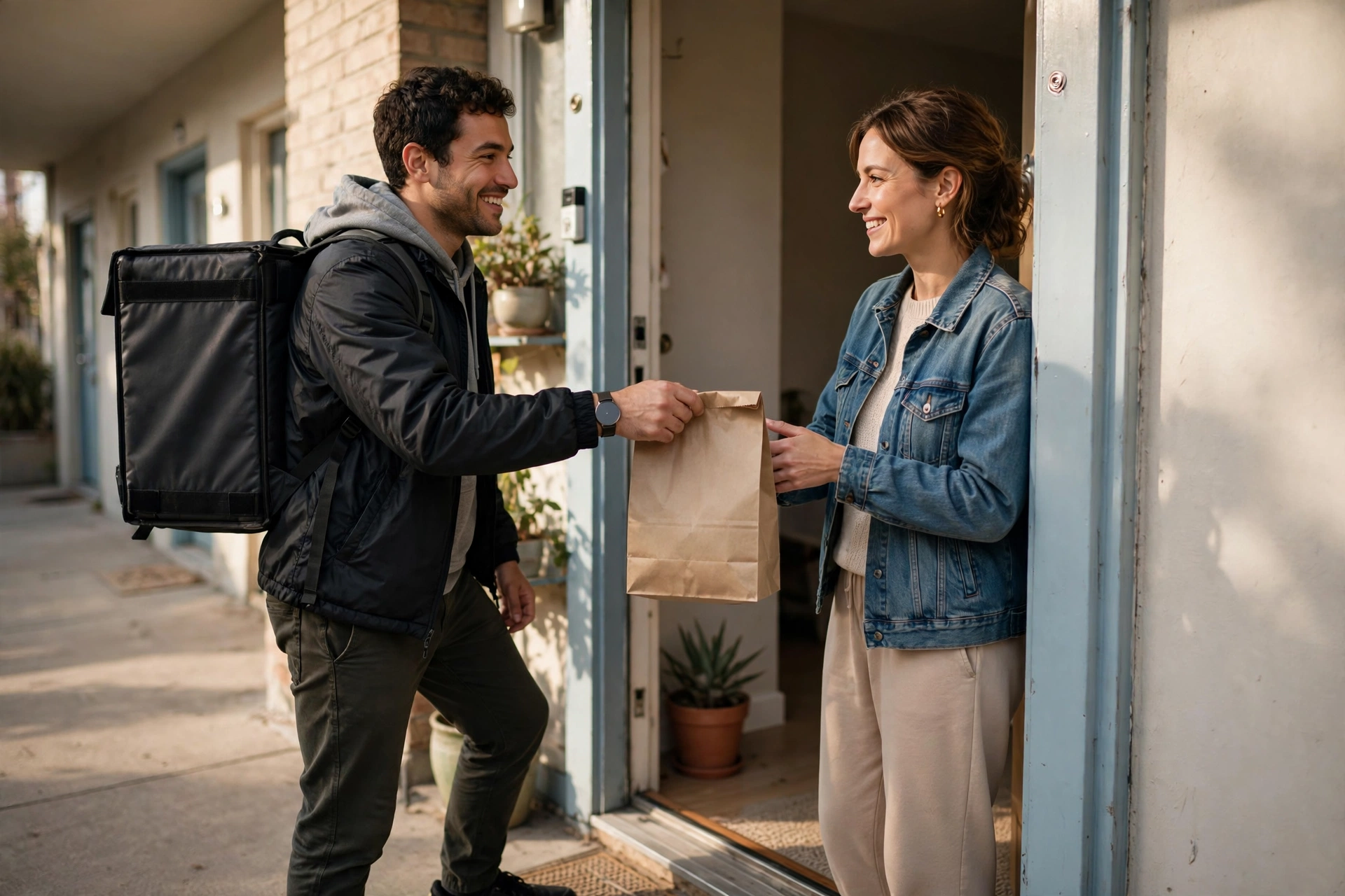 Delivery courier handing a food order to a customer