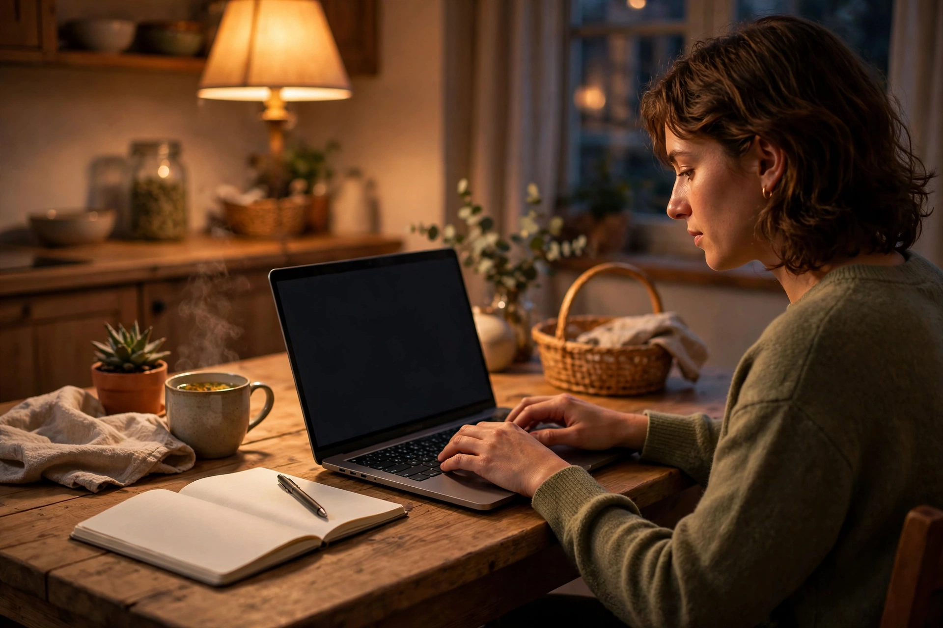 Freelancer typing on a laptop at home in the evening