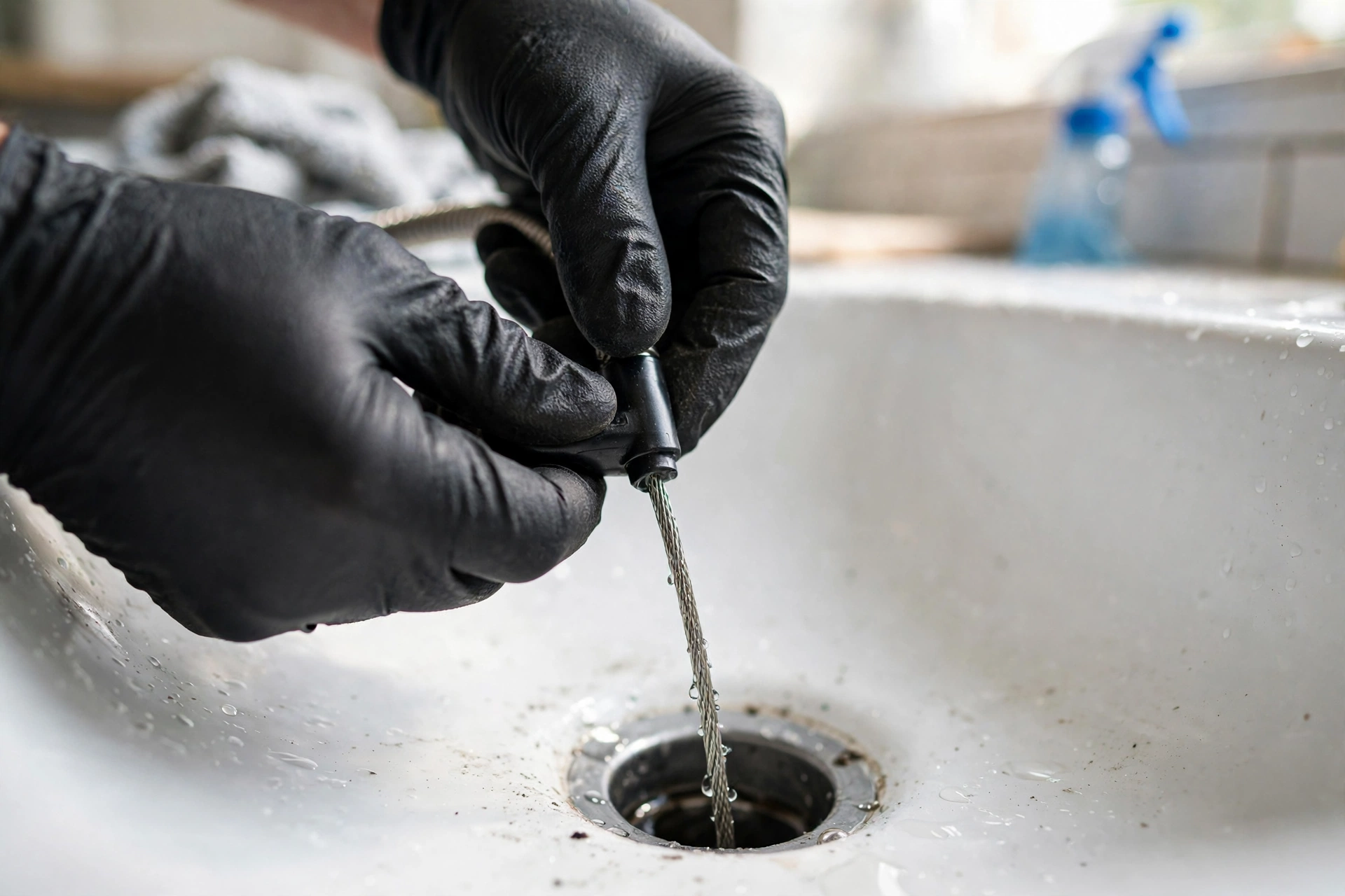 Close-up of a drain snake tool going into a sink drain