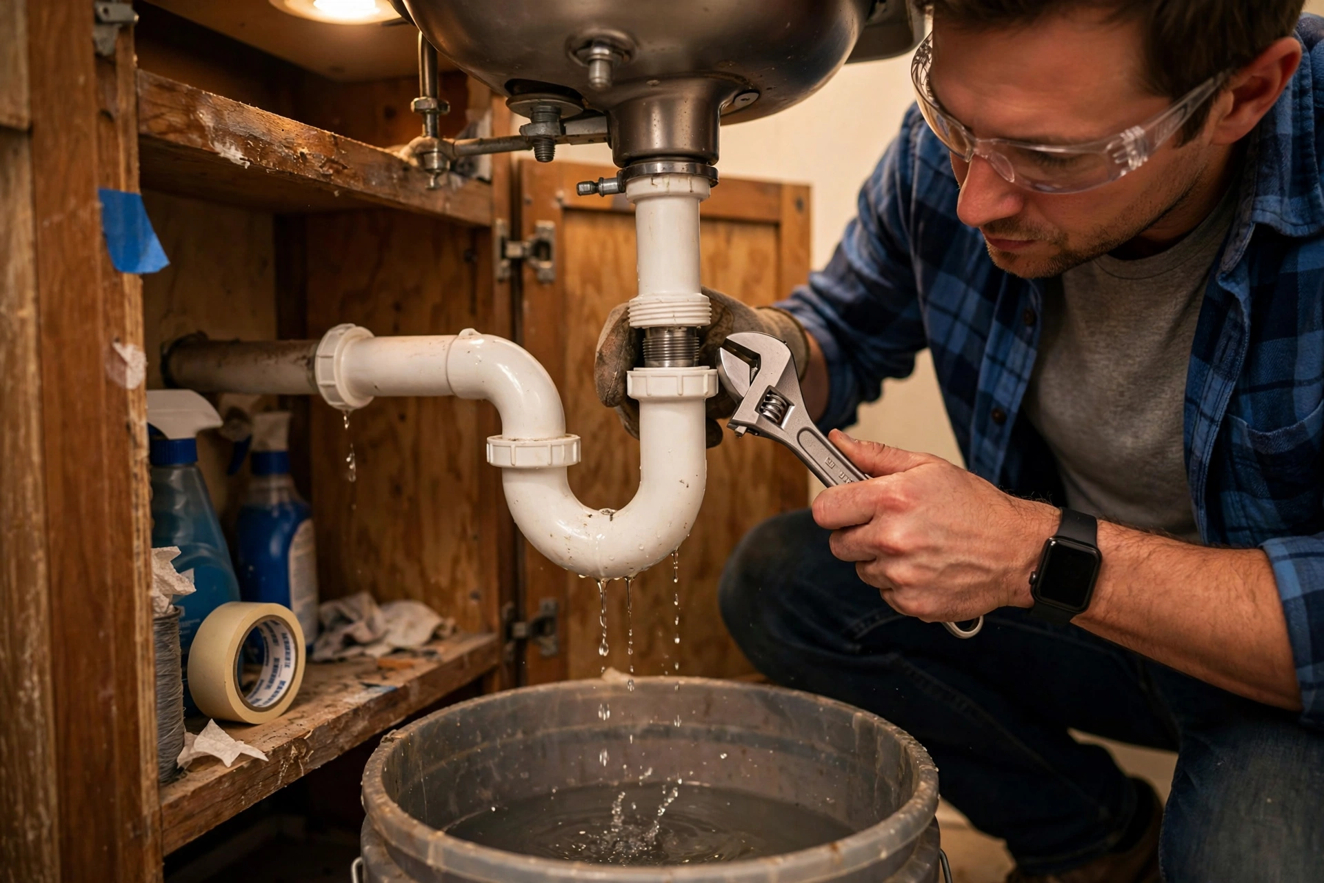 Person removing a P-trap under a sink with a bucket underneath