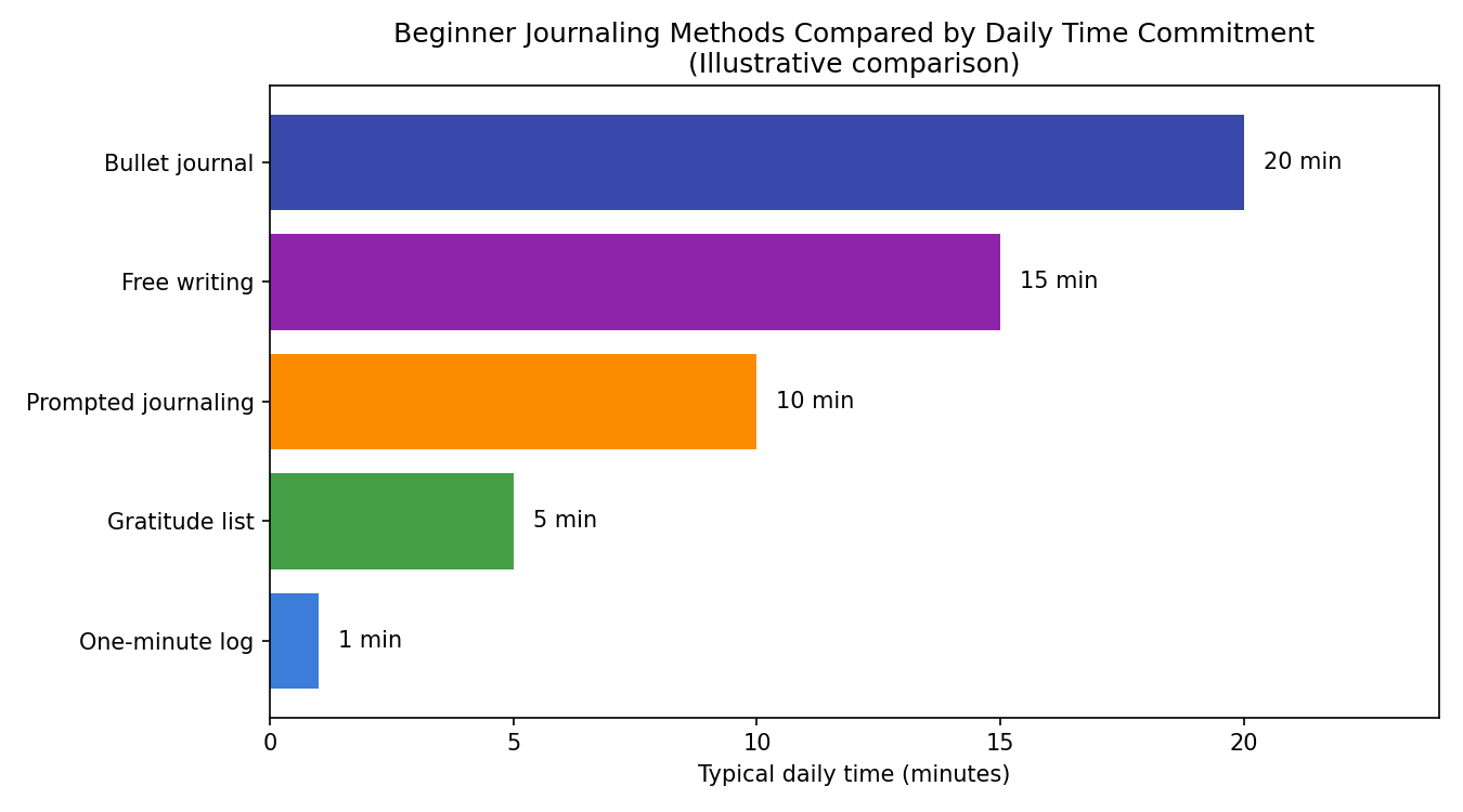 Bar chart comparing beginner journaling methods by daily time commitment, a helpful visual for how to start journaling for beginners