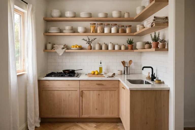 Small organized kitchen with open shelving, wide shot