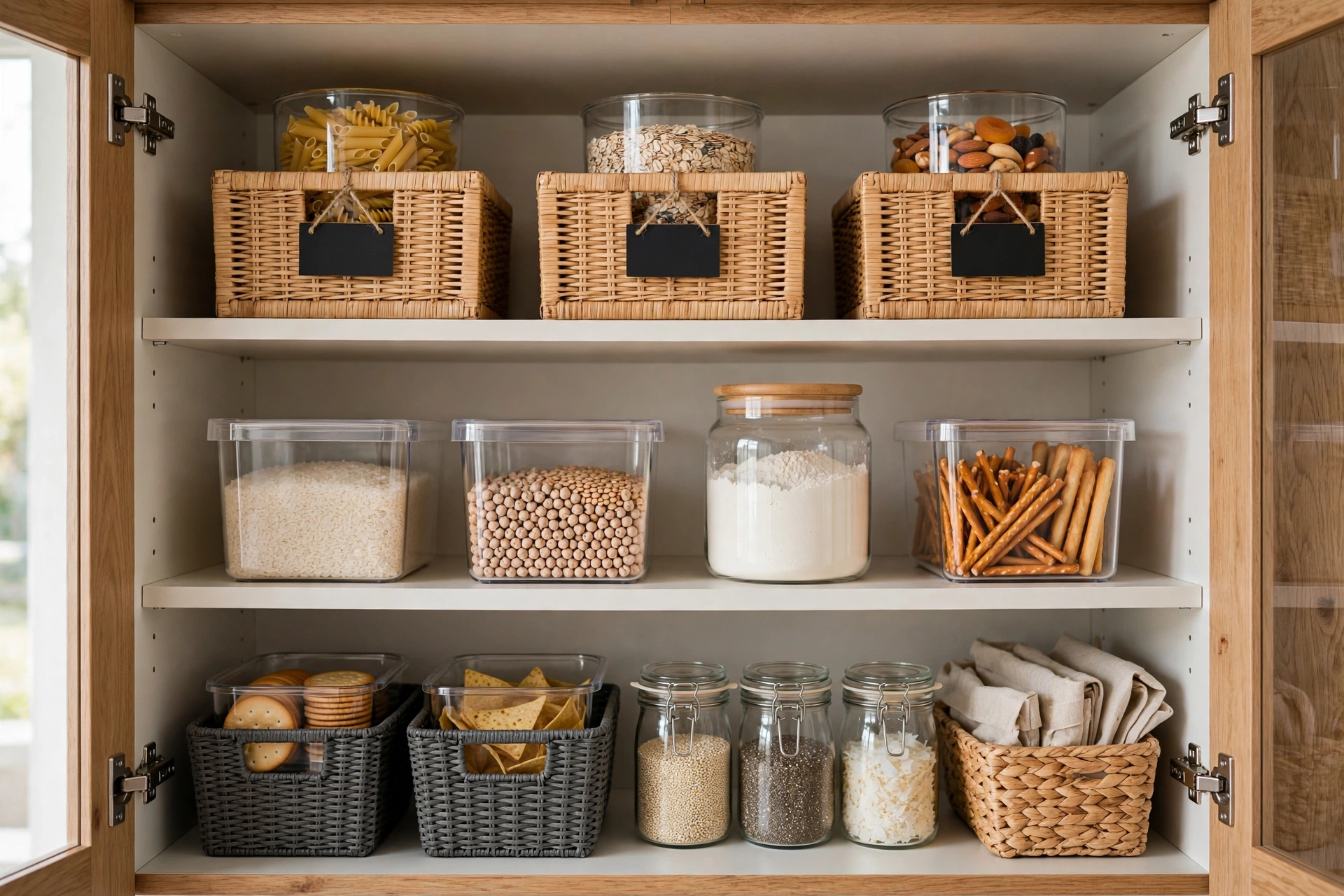 Inside of a kitchen cabinet with labeled bins organizing items