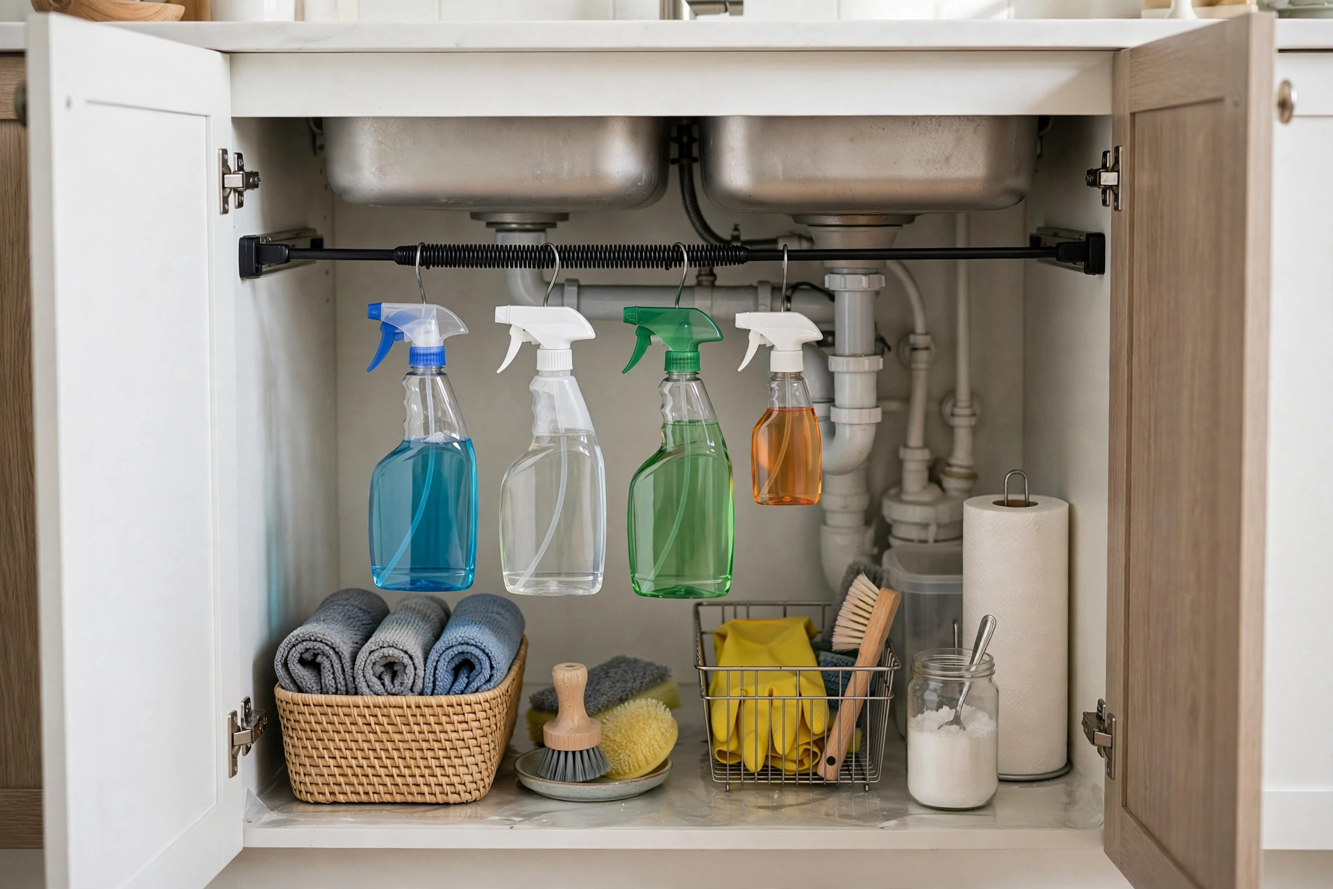 Tension rod under a sink holding spray bottles