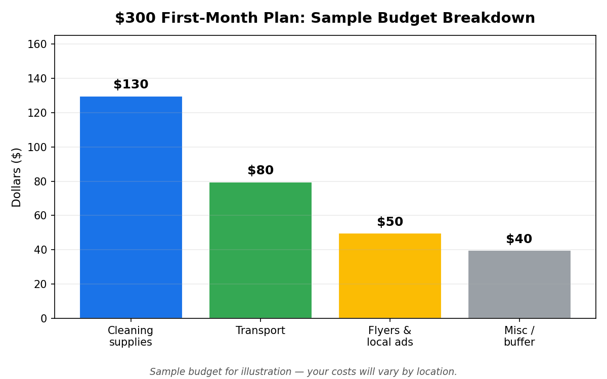 Bar chart of the sample $300 first-month budget breakdown for how to start a cleaning business with no money