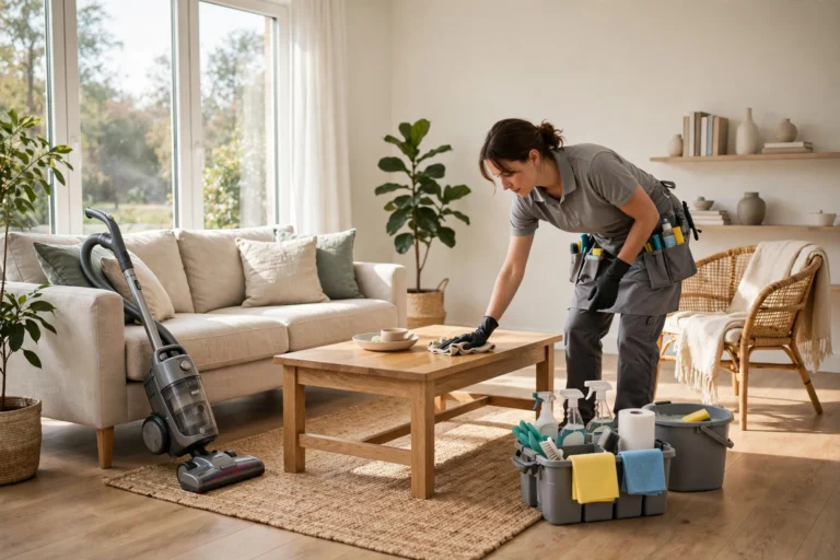 Professional cleaner wiping down a bright modern living room with cleaning supplies